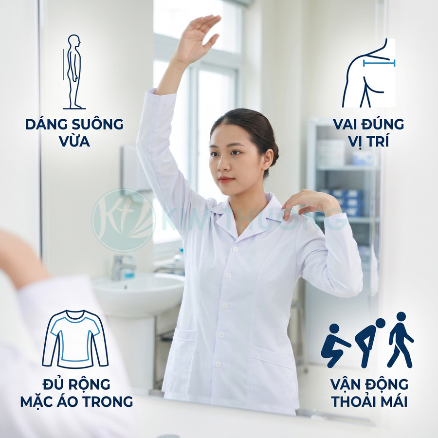 Áo blouse bác sĩ nữ dáng suông vừa, vai đúng vị trí, đủ rộng mặc áo trong và vận động thoải mái