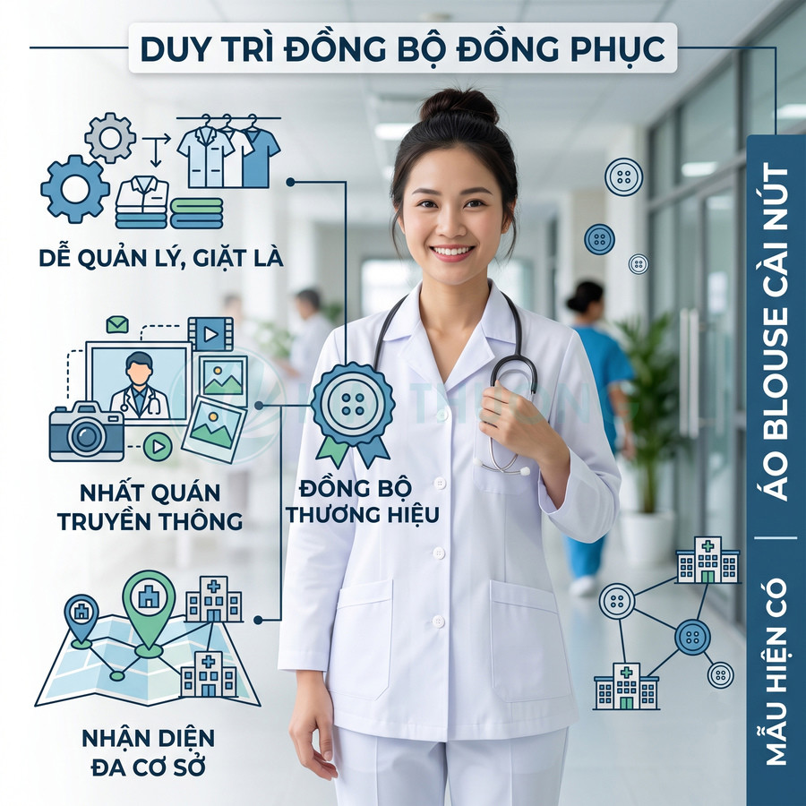 Nữ bác sĩ mặc áo blouse cài nút màu trắng, đeo ống nghe, quảng bá đồng phục y tế chuyên nghiệp