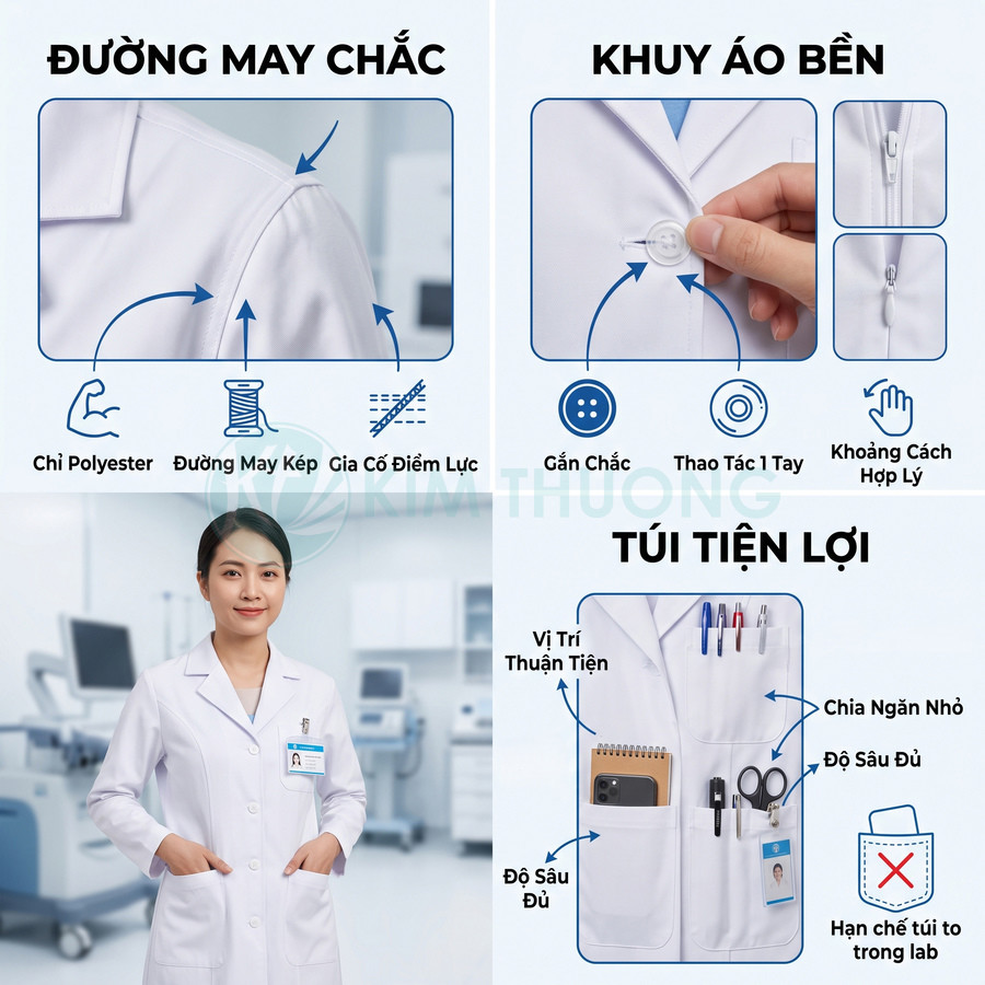 Áo blouse bác sĩ trắng đường may chắc, khuy áo bền, nhiều túi tiện lợi đựng bút, sổ tay và điện thoại