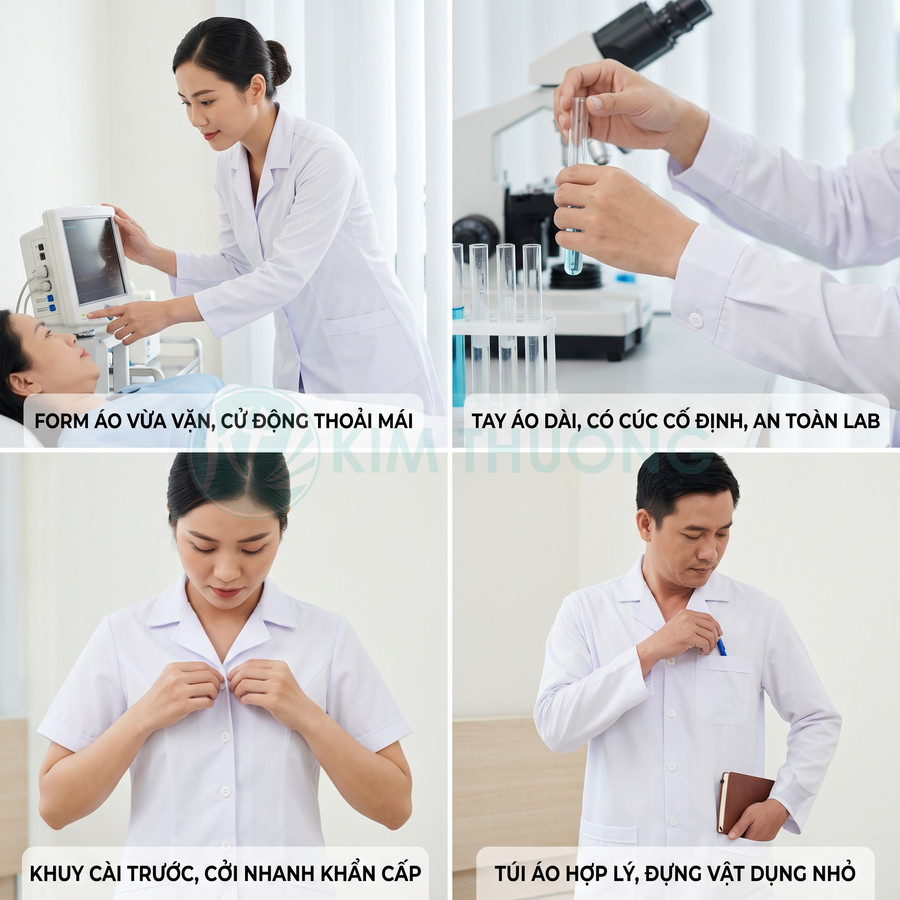 Áo blouse bác sĩ màu trắng form vừa vặn, tay dài có cúc, túi ngực tiện dụng trong phòng khám và phòng thí nghiệm