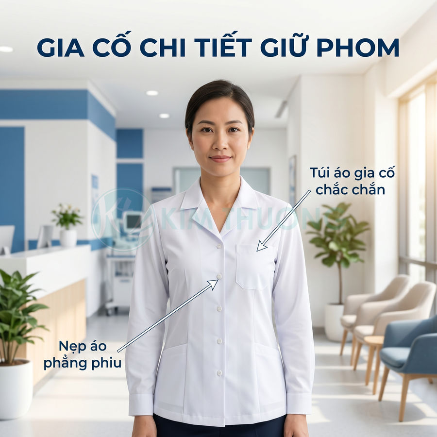 Áo blouse y tá trắng nữ với nẹp áo phẳng phiu và túi ngực gia cố chắc chắn trong phòng khám hiện đại