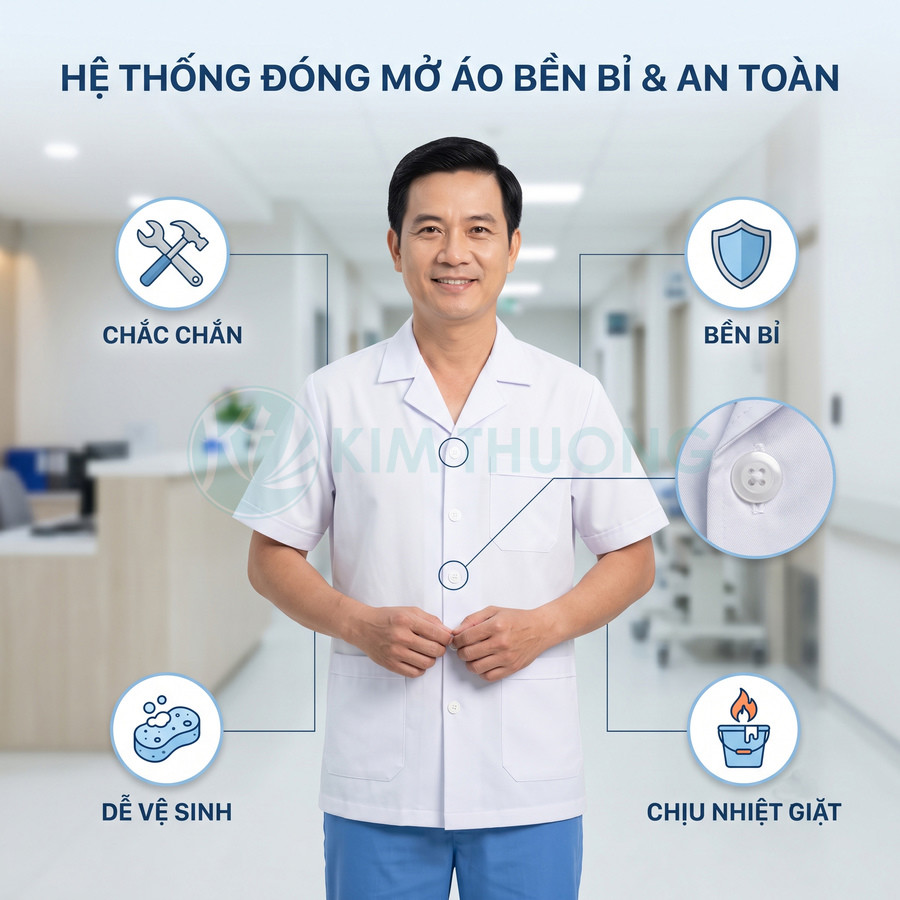 Áo blouse bác sĩ nam Kim Thượng màu trắng cộc tay, cài nút bền chắc, dễ vệ sinh, chịu nhiệt giặt