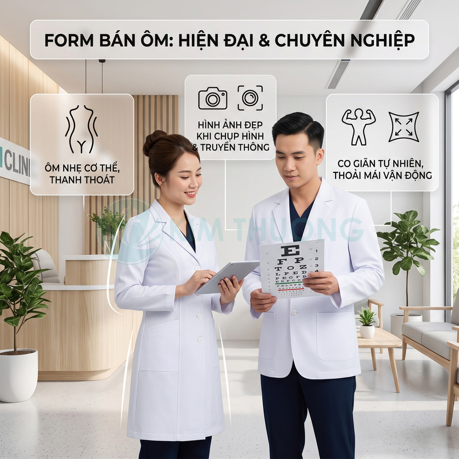 Áo blouse bác sĩ trắng form ôm hiện đại cho nam nữ, chất liệu co giãn thoải mái trong phòng khám sáng sủa