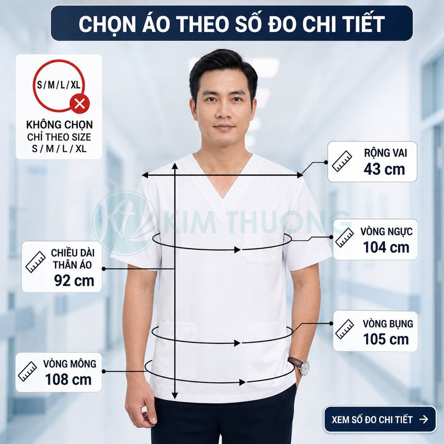 Nam người mẫu mặc áo blouse y tế trắng Kim Thương với số đo chi tiết vai ngực bụng mông trên nền bệnh viện