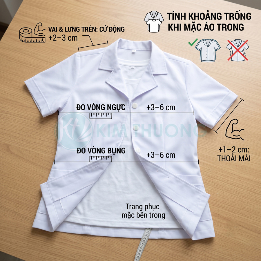 Áo blouse trắng nữ đặt trên bàn gỗ kèm hướng dẫn đo vòng ngực và vòng bụng khi mặc áo trong