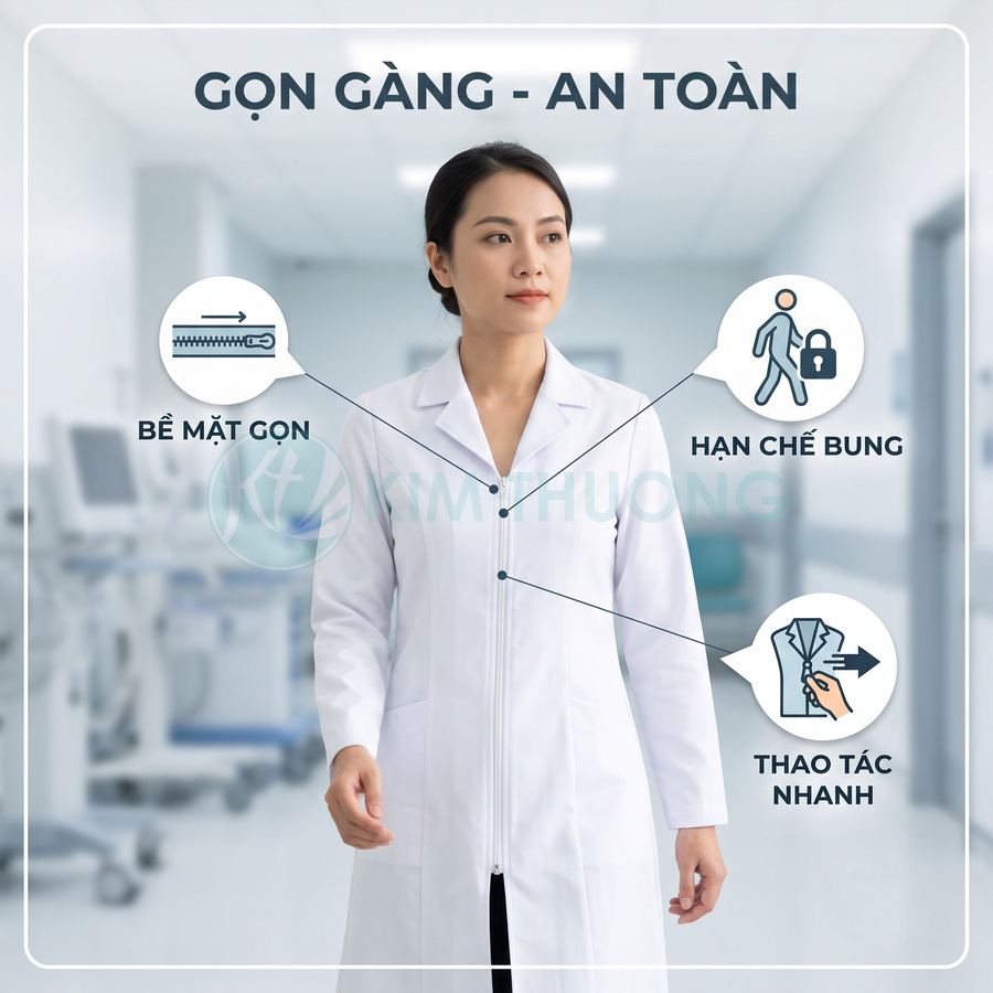 Áo blouse bác sĩ trắng khóa kéo bề mặt gọn hạn chế bung dễ thao tác trong môi trường bệnh viện