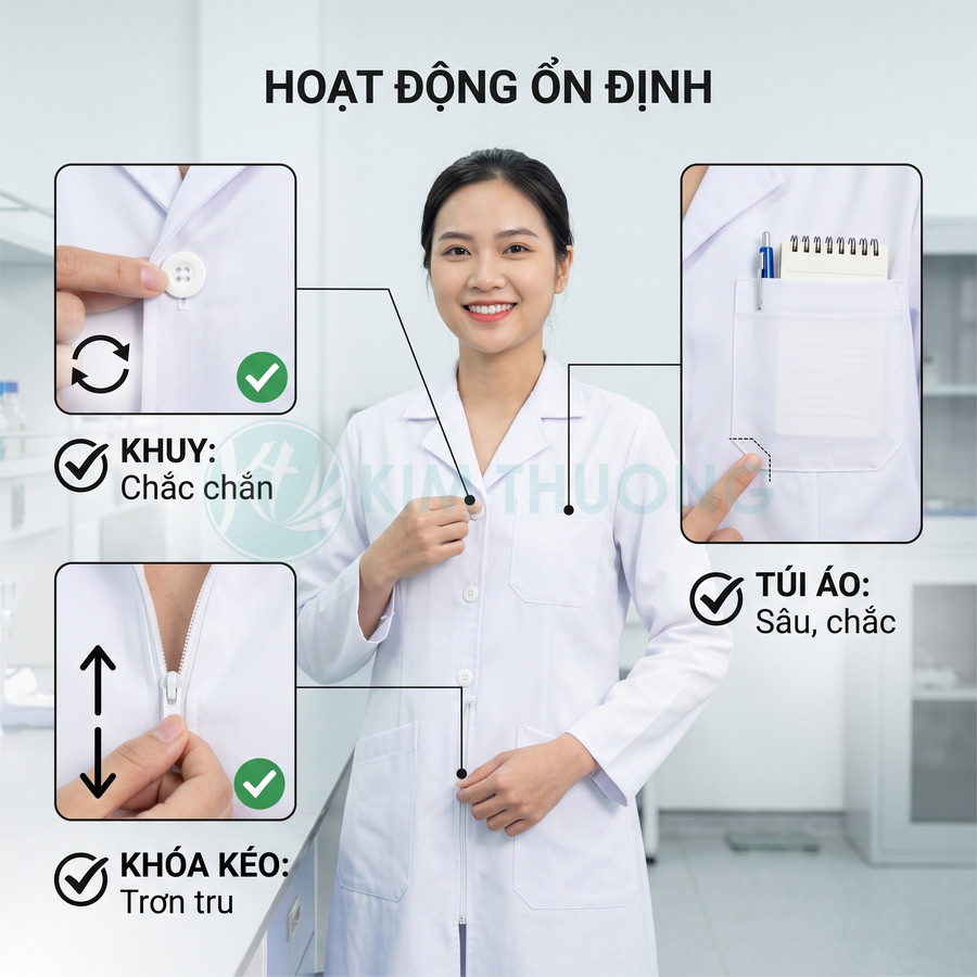 Áo blouse trắng nữ với khuy cài chắc chắn, khóa kéo trơn tru và túi áo sâu tiện dụng trong phòng thí nghiệm