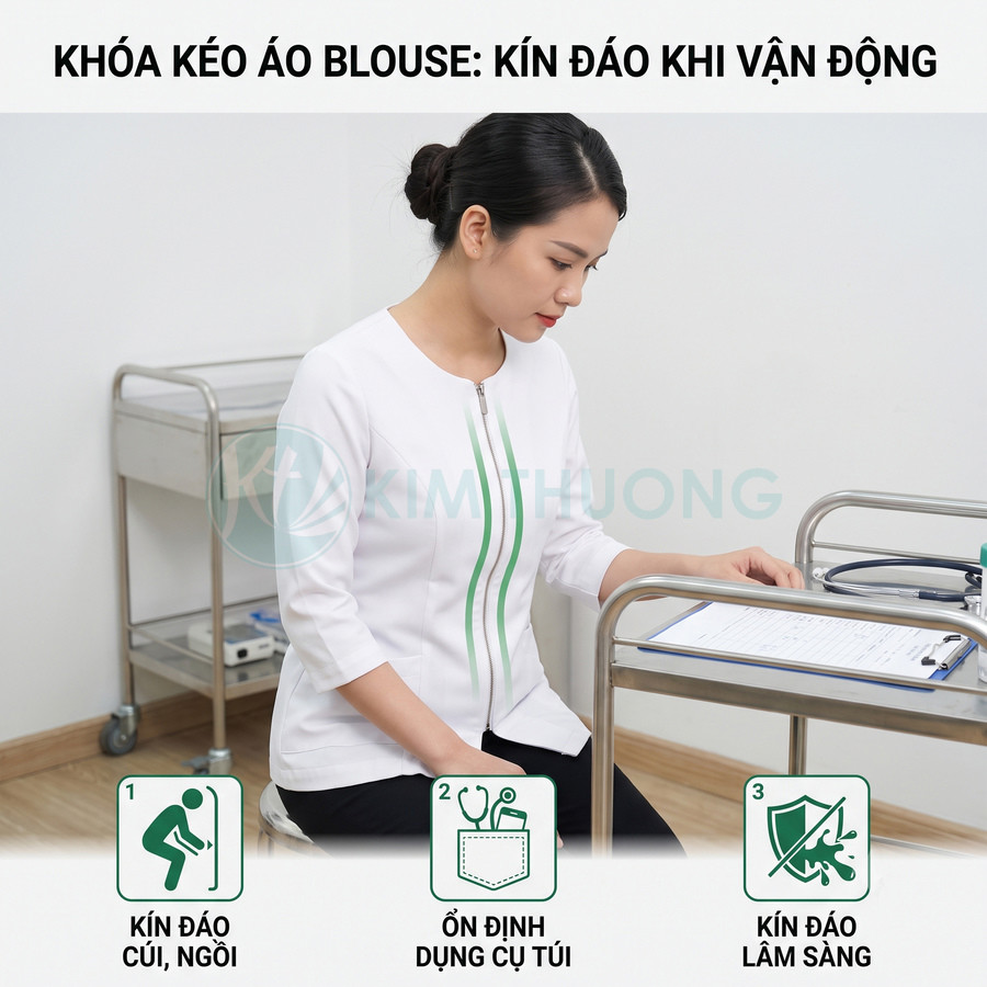 Áo blouse y tá trắng khóa kéo kín đáo, tay lửng, thiết kế tiện lợi khi cúi ngồi và làm việc lâm sàng
