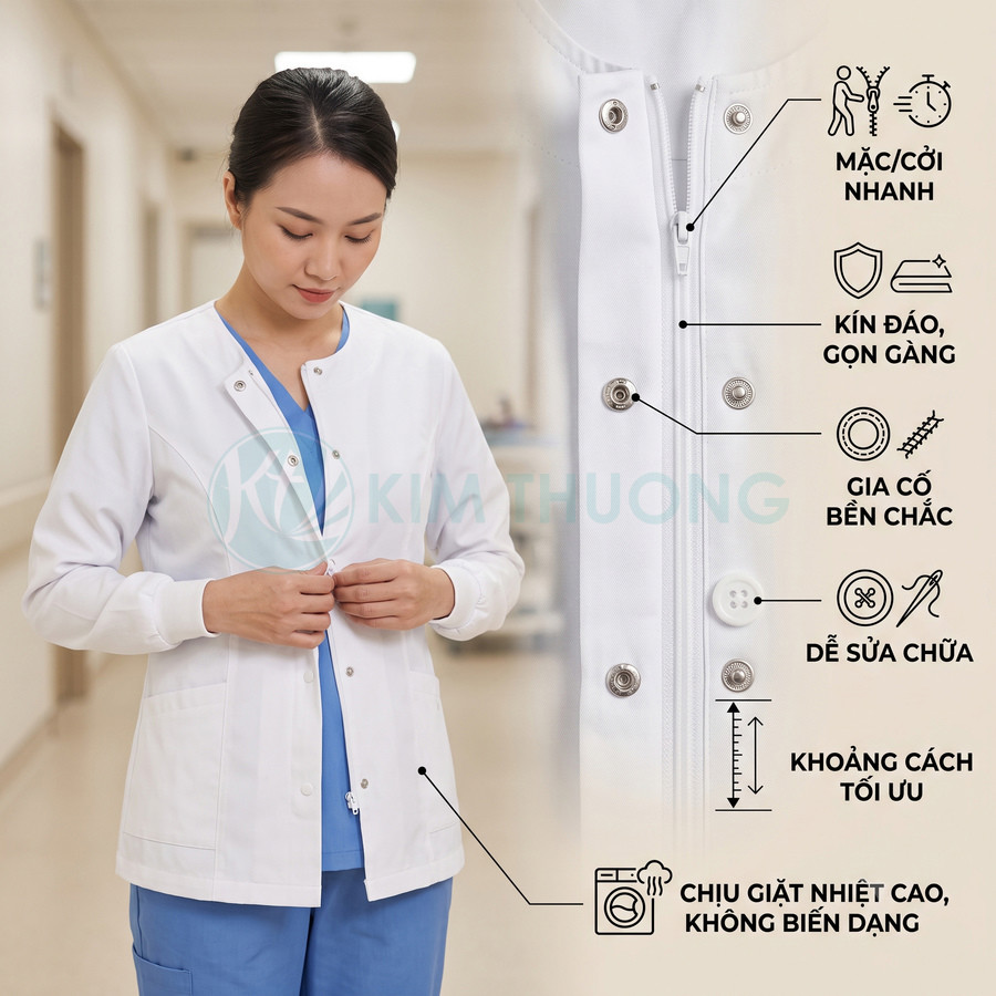 Áo blouse y tá màu trắng cúc bấm Kim Thượng, thiết kế kín đáo gọn gàng, dễ mặc cởi và chịu giặt nhiệt cao