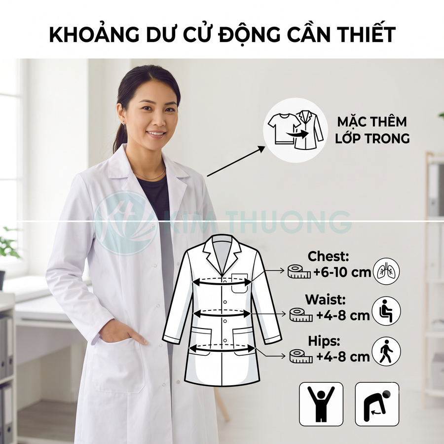 Áo blouse bác sĩ nữ màu trắng tay dài có túi, hướng dẫn chọn size với khoảng dư vòng ngực eo hông