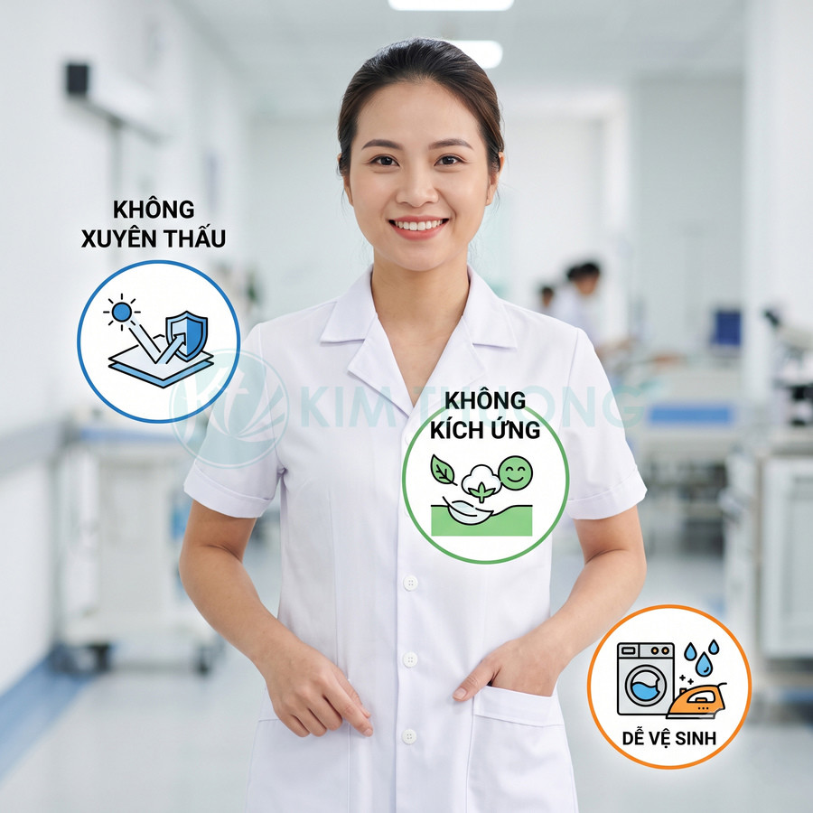 Áo blouse y tế trắng không xuyên thấu, không kích ứng da, dễ vệ sinh cho nhân viên bệnh viện
