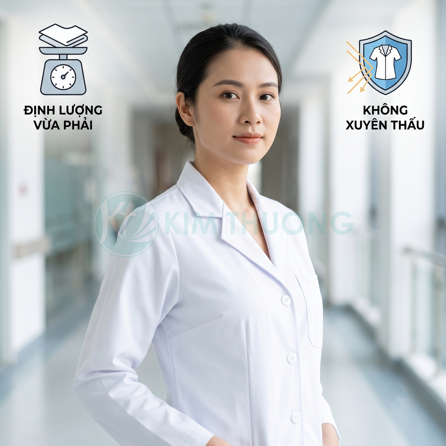 Áo blouse bác sĩ nữ màu trắng chất liệu dày vừa phải không xuyên thấu trong hành lang bệnh viện