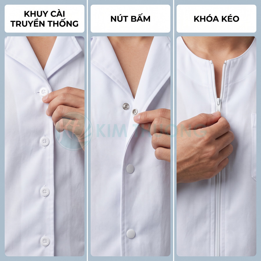 Áo blouse trắng với ba kiểu cài khuy truyền thống, nút bấm và khóa kéo ở phía trước