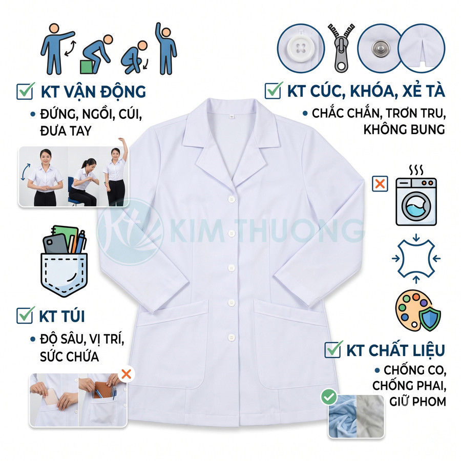 Áo blouse trắng tay dài có túi lớn phía trước, chất liệu chống nhăn co rút, phù hợp bác sĩ và nhân viên y tế