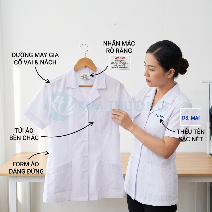 Nữ dược sĩ mặc áo blouse trắng Kim Thương cầm áo blouse tay ngắn treo móc, túi áo và thêu tên rõ nét