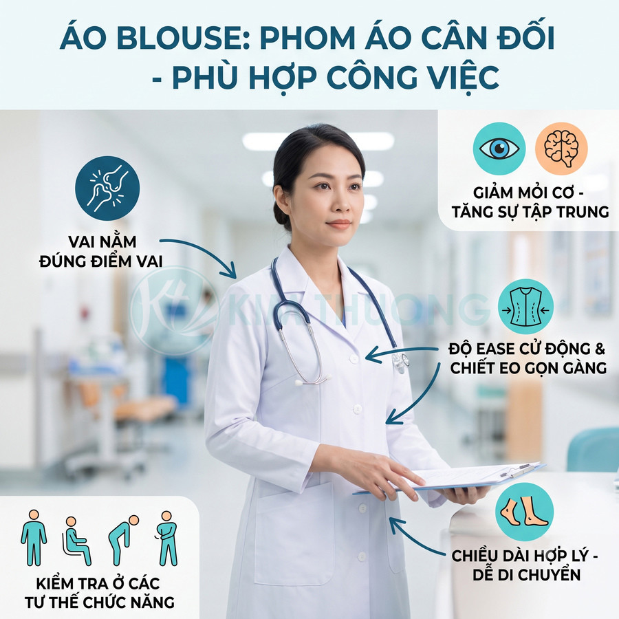 Bác sĩ nữ mặc áo blouse trắng phom dáng cân đối, chiết eo gọn gàng, đứng trong bệnh viện cầm hồ sơ