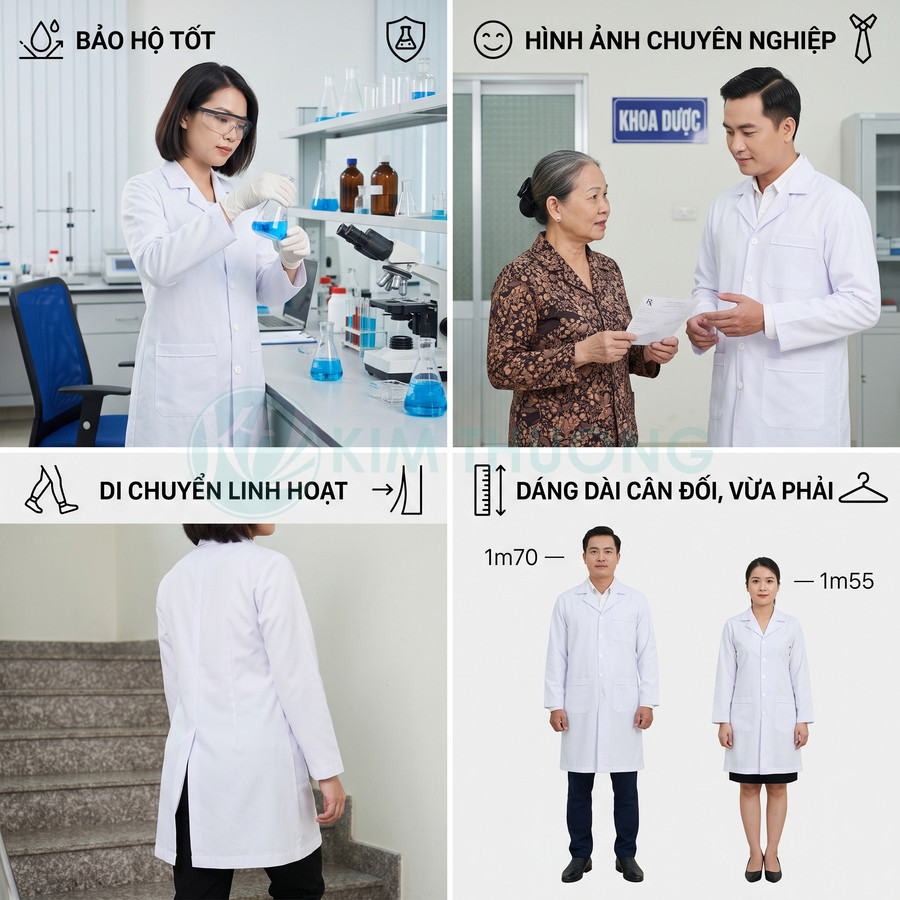 Áo blouse bác sĩ trắng dài tay cho nam nữ, dáng vừa vặn, thuận tiện di chuyển trong phòng khám và phòng thí nghiệm
