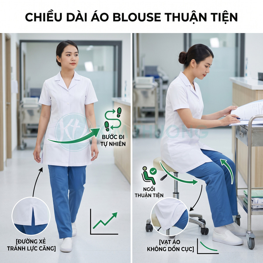 Áo blouse trắng nữ cho nhân viên y tế, dáng dài tiện lợi khi đi lại và ngồi làm việc trong bệnh viện