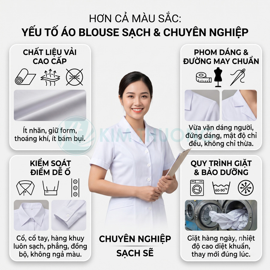 Nữ nhân viên y tế mặc áo blouse trắng cao cấp, phom dáng chuẩn, cầm bảng hồ sơ, nền thông tin hướng dẫn giặt ủi