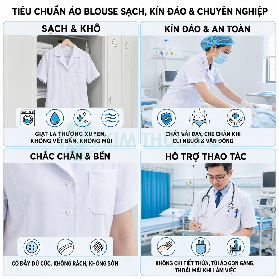 Áo blouse trắng y tế sạch sẽ kín đáo, chất vải dày bền, hỗ trợ thao tác cho bác sĩ và điều dưỡng trong bệnh viện