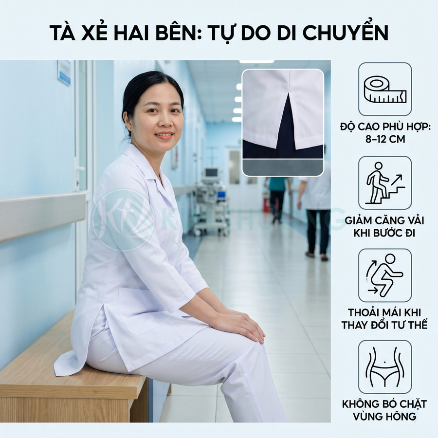 Đồng phục y tá màu trắng tà xẻ hai bên giúp dễ di chuyển và ngồi thoải mái trong bệnh viện