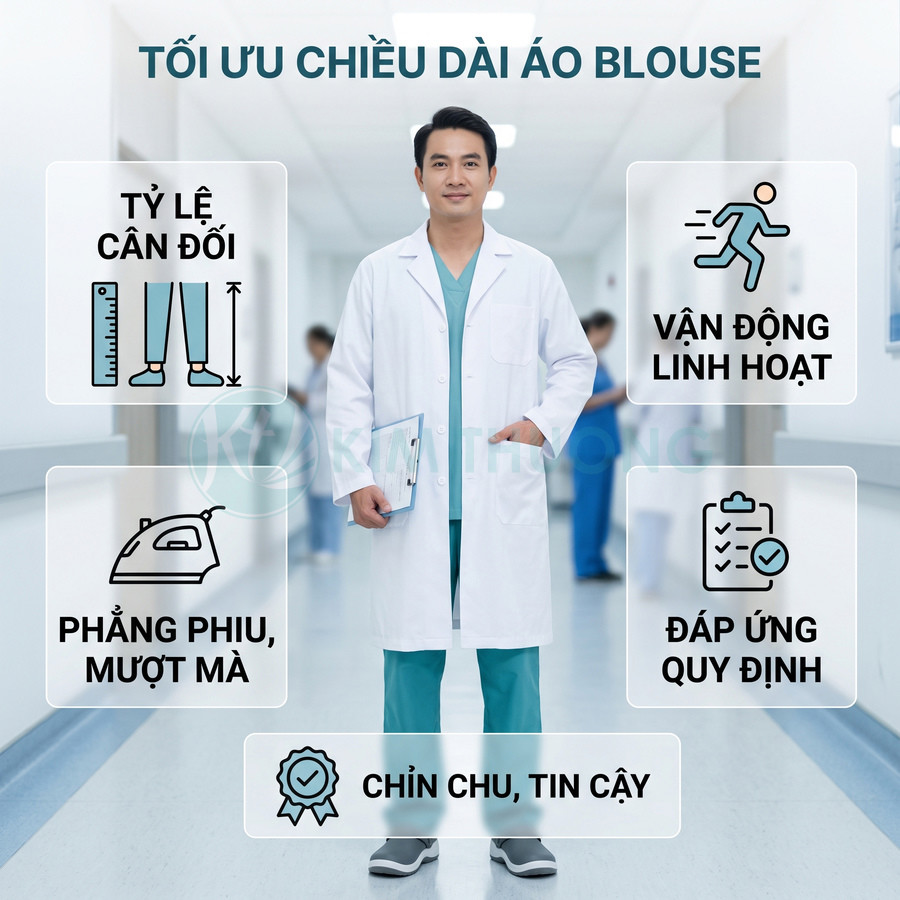 Bác sĩ mặc áo blouse trắng tối ưu chiều dài, phẳng phiu, dễ vận động trong hành lang bệnh viện