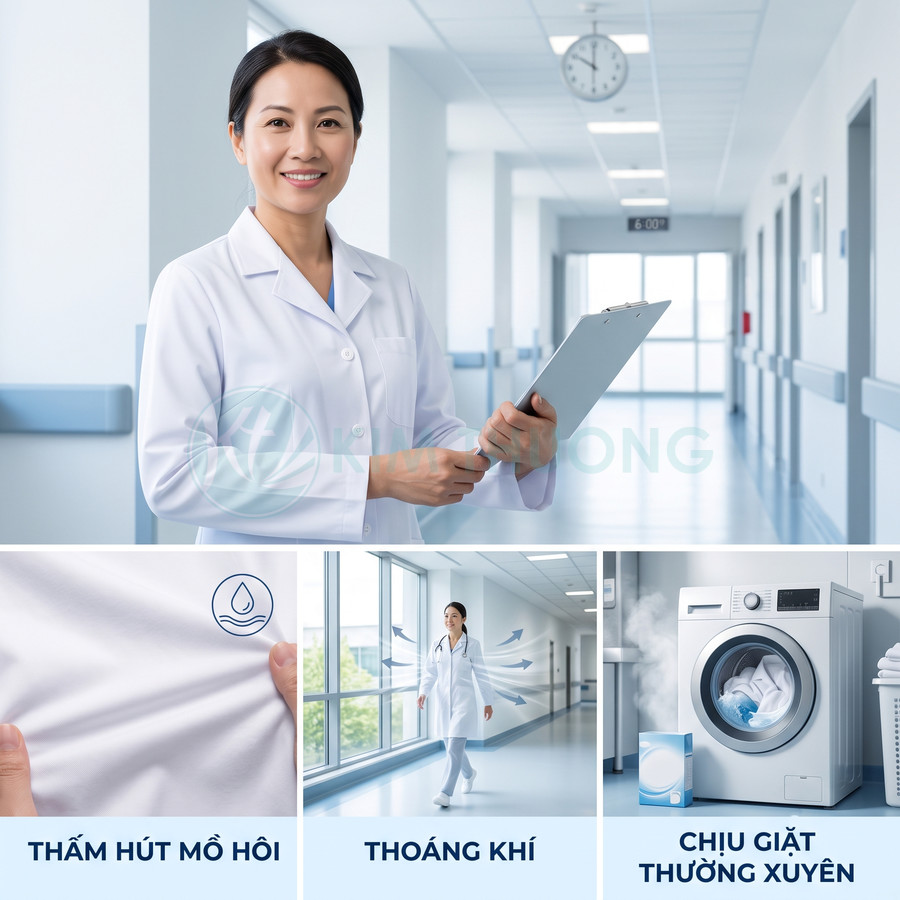 Áo blouse bác sĩ trắng thấm hút mồ hôi thoáng khí chịu giặt thường xuyên trong môi trường bệnh viện