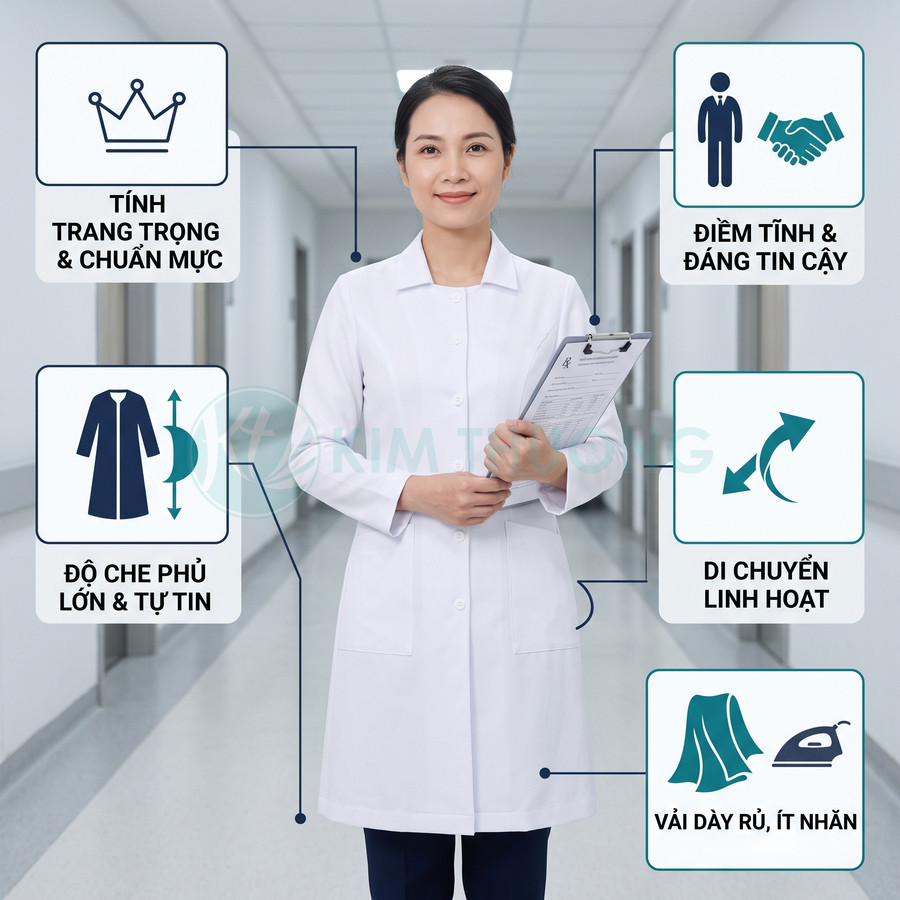 Áo blouse bác sĩ nữ màu trắng vải dày ít nhăn, thiết kế dài kín đáo giúp di chuyển linh hoạt trong bệnh viện