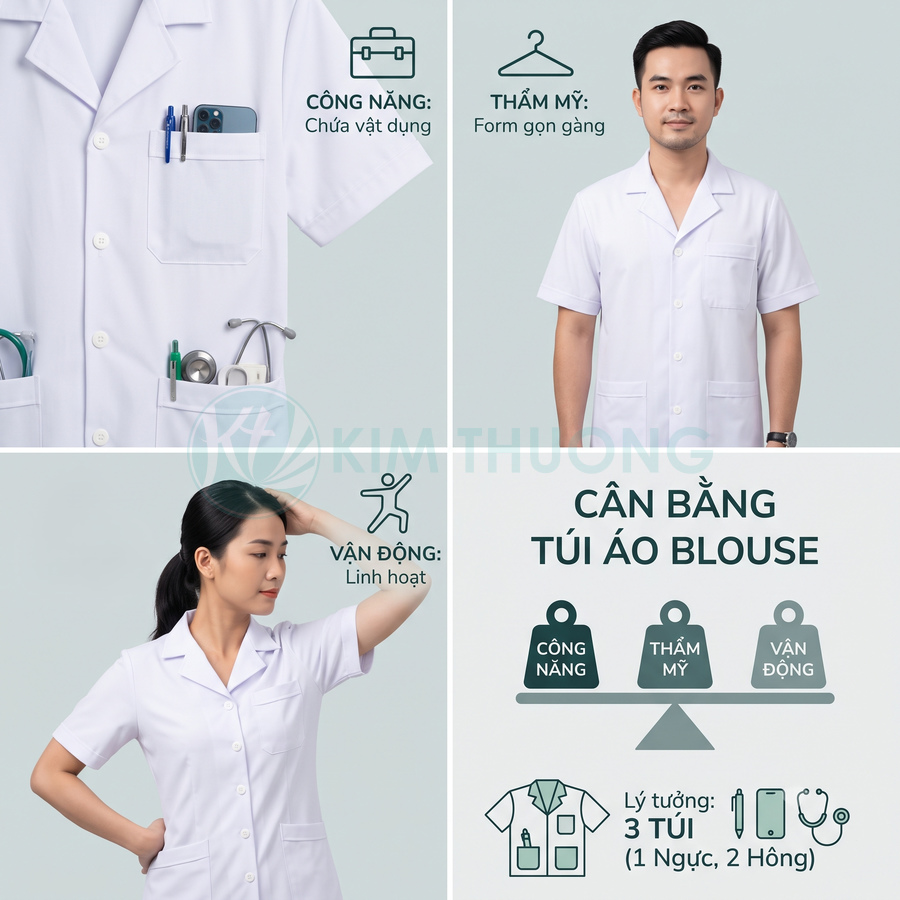 Áo blouse trắng y tế nhiều túi tiện dụng cho bác sĩ, điều dưỡng, thiết kế gọn gàng dễ vận động