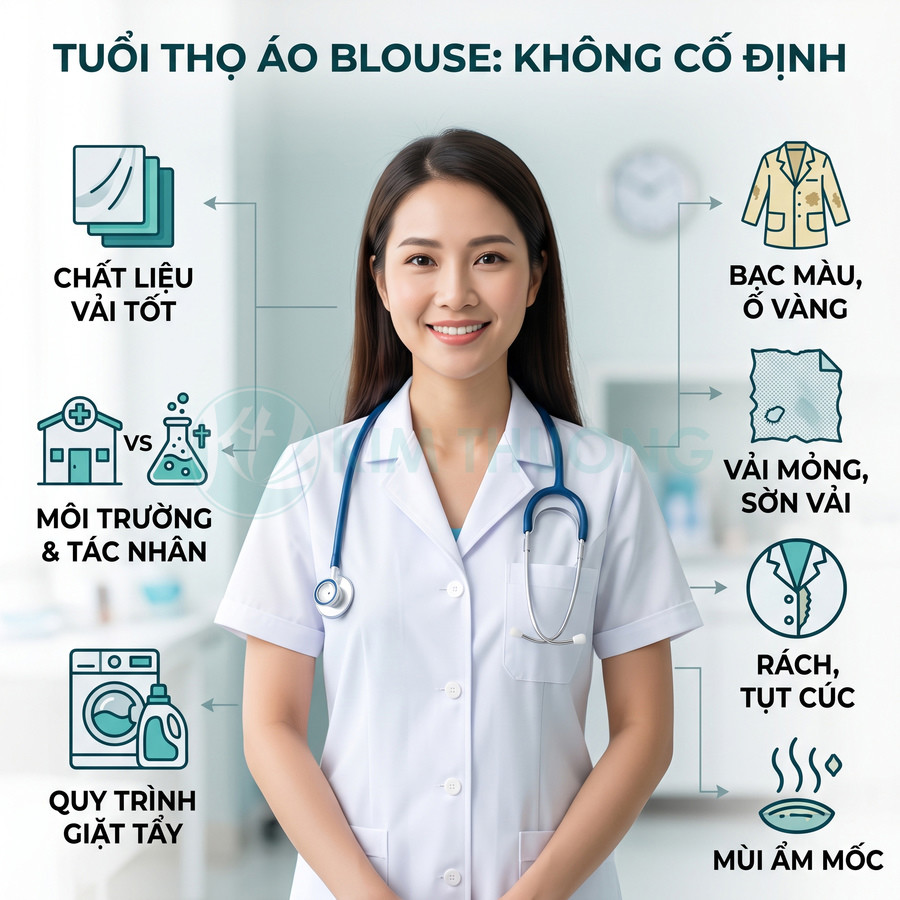 Bác sĩ nữ mặc áo blouse trắng sạch sẽ, giới thiệu các yếu tố ảnh hưởng tuổi thọ áo blouse