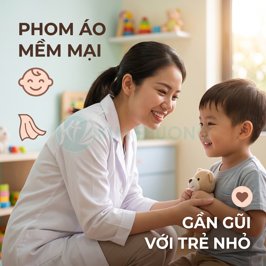 Bác sĩ mặc áo blouse trắng mềm mại thân thiện trò chuyện với bé trai cầm gấu bông trong phòng khám trẻ em