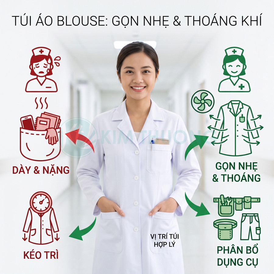 Áo blouse bác sĩ trắng với thiết kế túi gọn nhẹ thoáng khí và vị trí túi hợp lý cho dụng cụ y tế