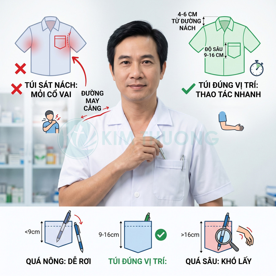 Áo blouse bác sĩ trắng với túi ngực thiết kế đúng vị trí, dễ lấy bút và dụng cụ y tế