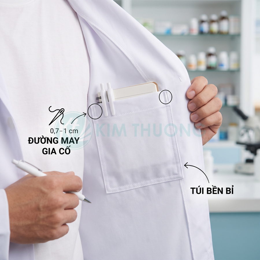 Áo blouse bác sĩ trắng với túi ngực gia cố, đựng bút và điện thoại trong phòng khám