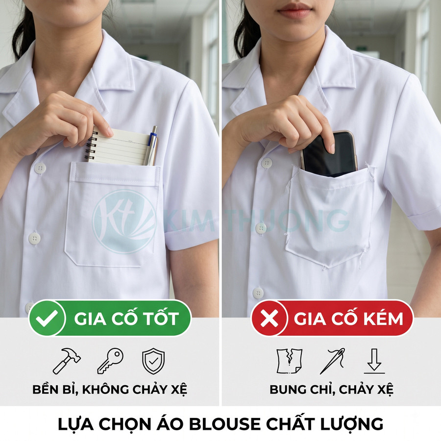 So sánh áo blouse y tế gia cố tốt và gia cố kém qua độ bền túi áo khi đựng sổ tay và điện thoại