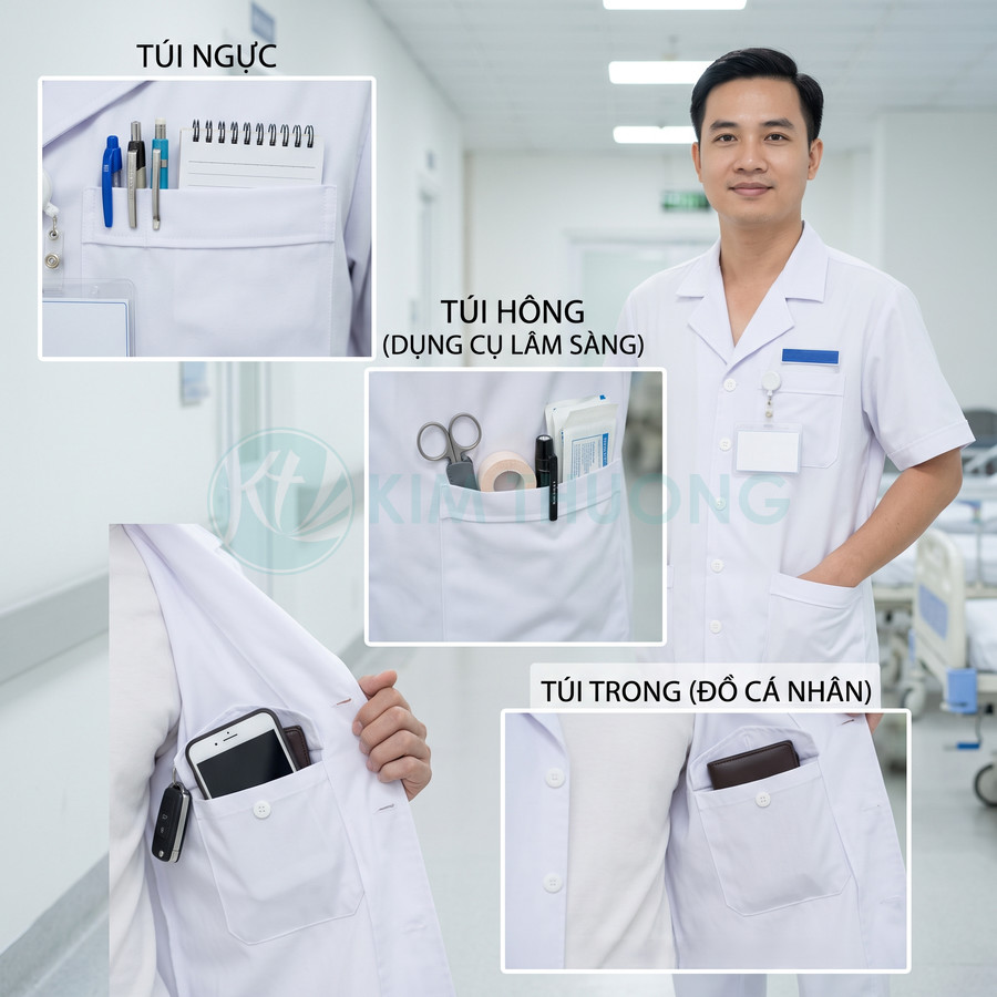 Áo blouse bác sĩ trắng nhiều túi đựng bút, sổ tay, dụng cụ y tế và đồ cá nhân trong bệnh viện