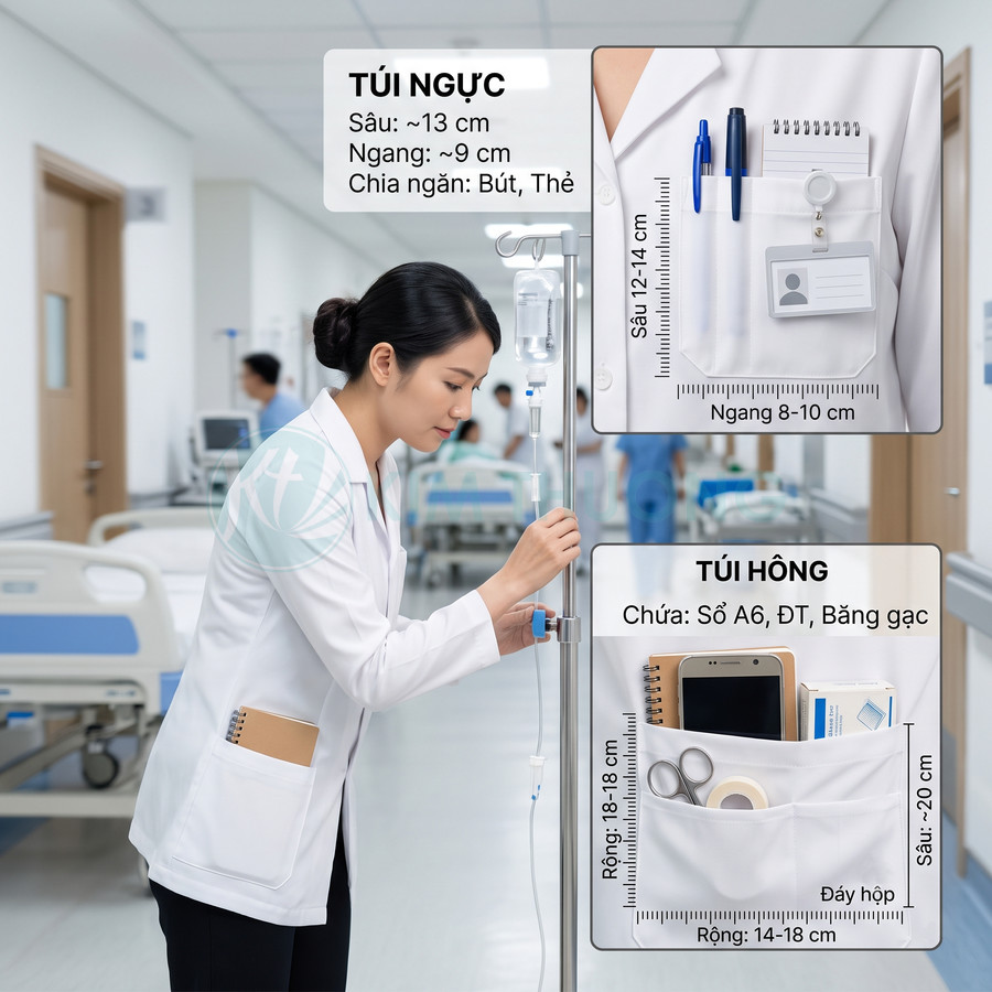 Áo blouse bác sĩ nữ với túi ngực và túi hông lớn đựng sổ tay, điện thoại, bút và dụng cụ y tế
