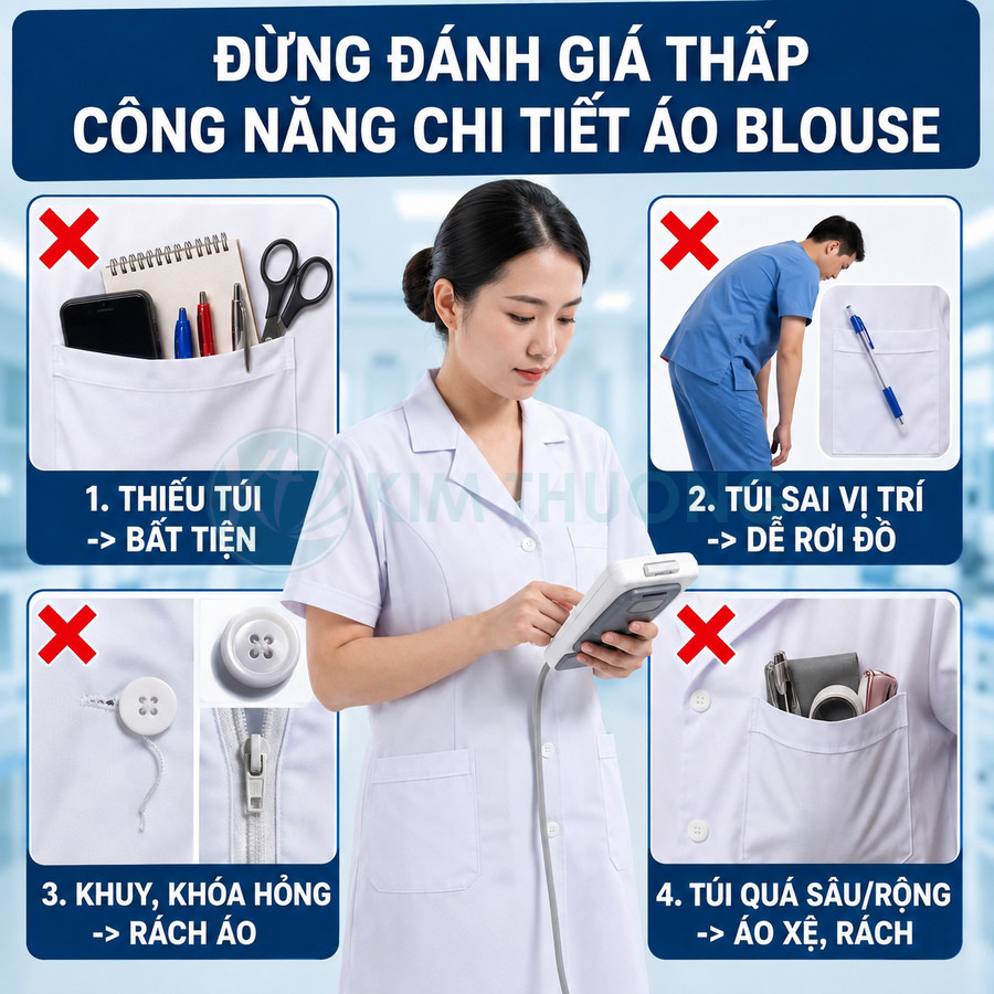 Áo blouse y tá trắng nhiều túi tiện dụng, thiết kế khuy chắc chắn, hạn chế rơi đồ và tránh rách áo