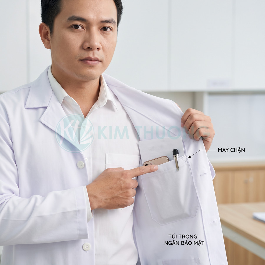 Áo blouse bác sĩ có túi trong ngăn bảo mật đựng điện thoại và bút tiện lợi