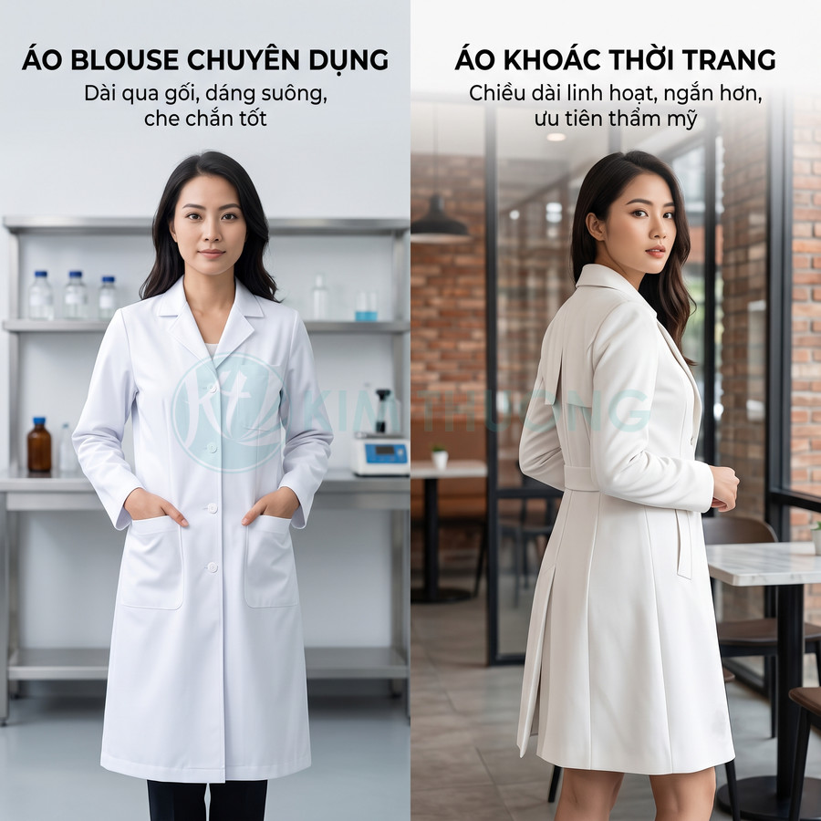 So sánh áo blouse phòng thí nghiệm dáng dài với áo khoác trắng thời trang dáng ngắn cho nữ
