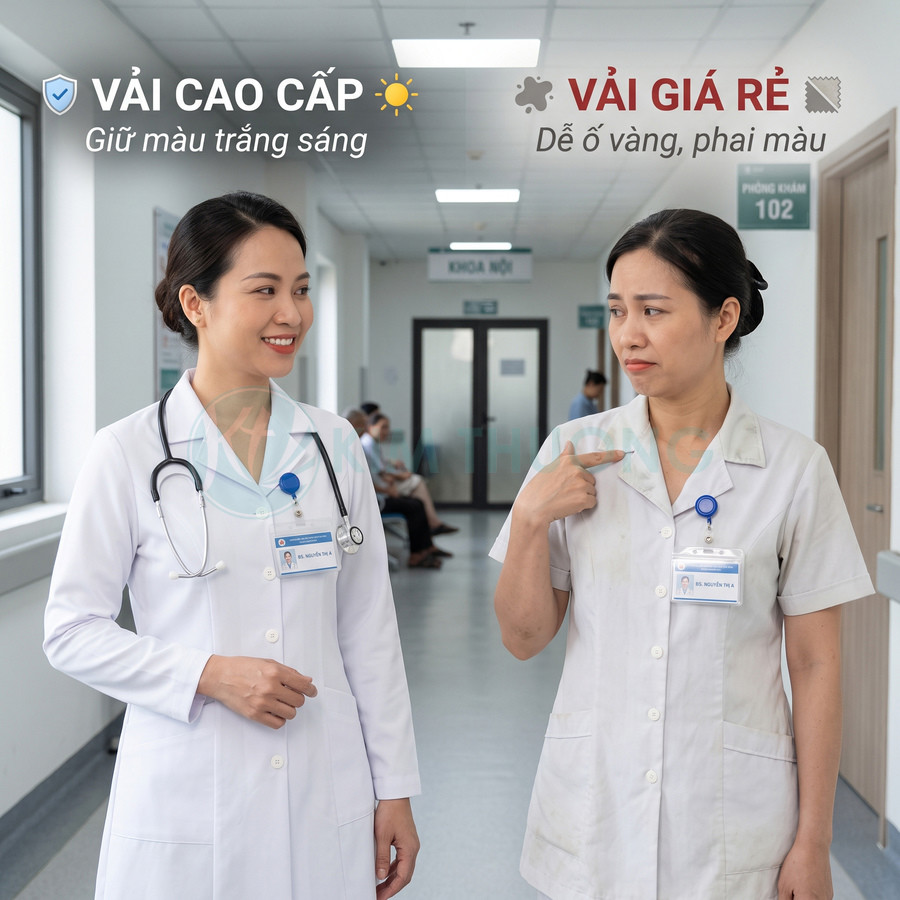 So sánh áo blouse bác sĩ vải cao cấp trắng sáng với áo vải giá rẻ bị ố vàng phai màu trong bệnh viện