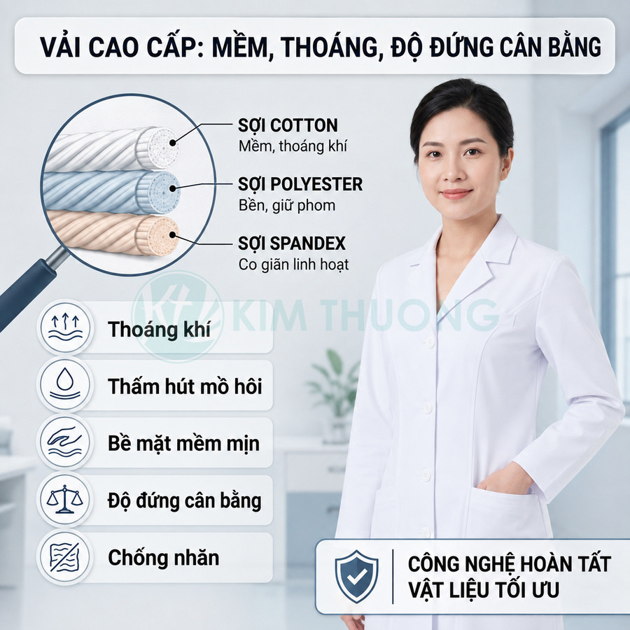 Áo blouse bác sĩ Kim Thương vải cotton polyester spandex mềm thoáng, thấm hút mồ hôi, chống nhăn