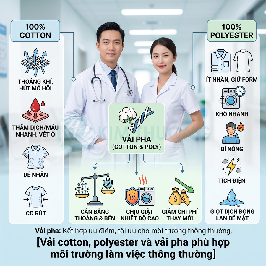 Bác sĩ mặc áo blouse trắng vải pha cotton polyester, so sánh ưu nhược điểm với vải cotton và polyester