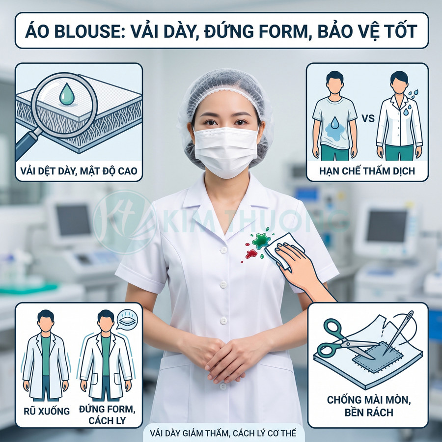 Áo blouse y tế vải dày đứng form, hạn chế thấm dịch và chống mài mòn cho nhân viên bệnh viện
