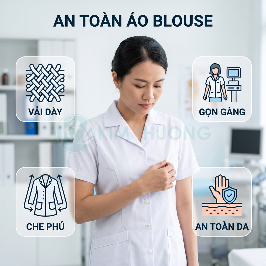 Áo blouse y tế trắng vải dày che phủ gọn gàng, an toàn cho da cho nhân viên y tế
