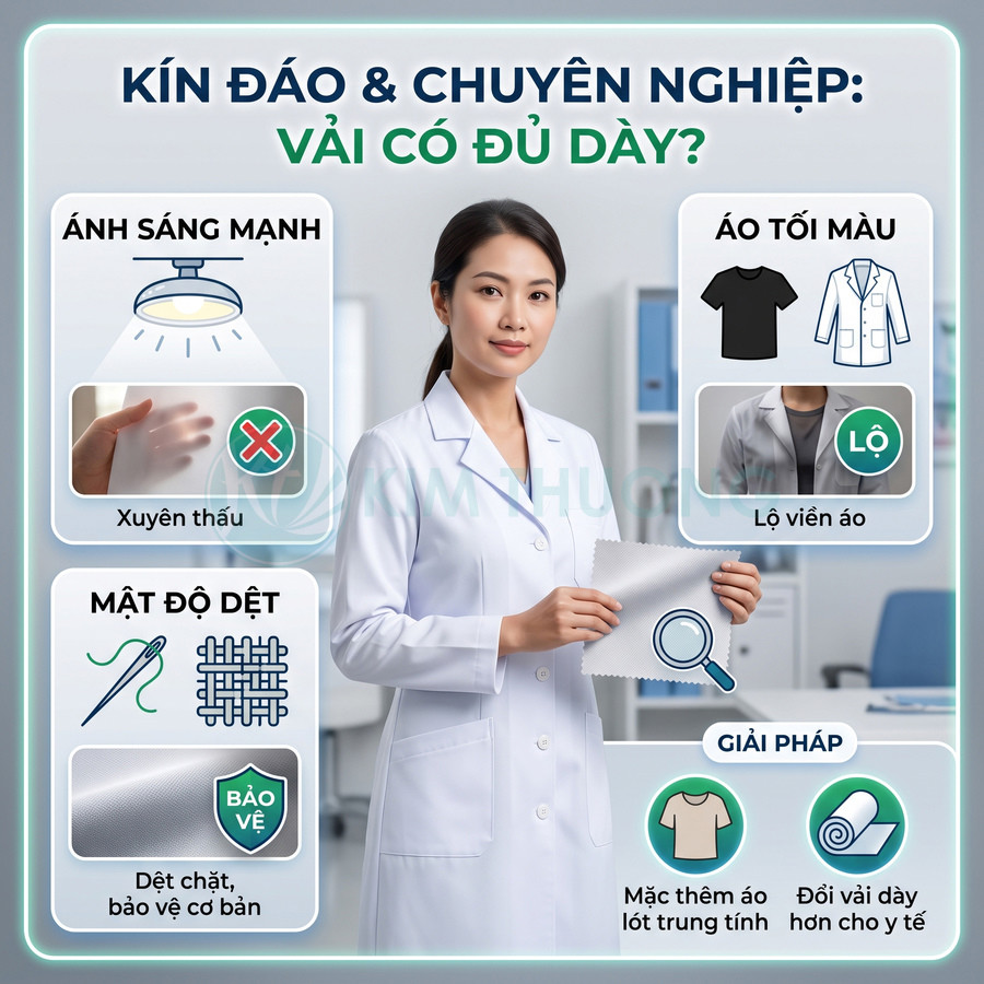 Bác sĩ cầm mẫu vải áo blouse trắng, minh họa chất liệu vải dày kín đáo cho đồng phục y tế