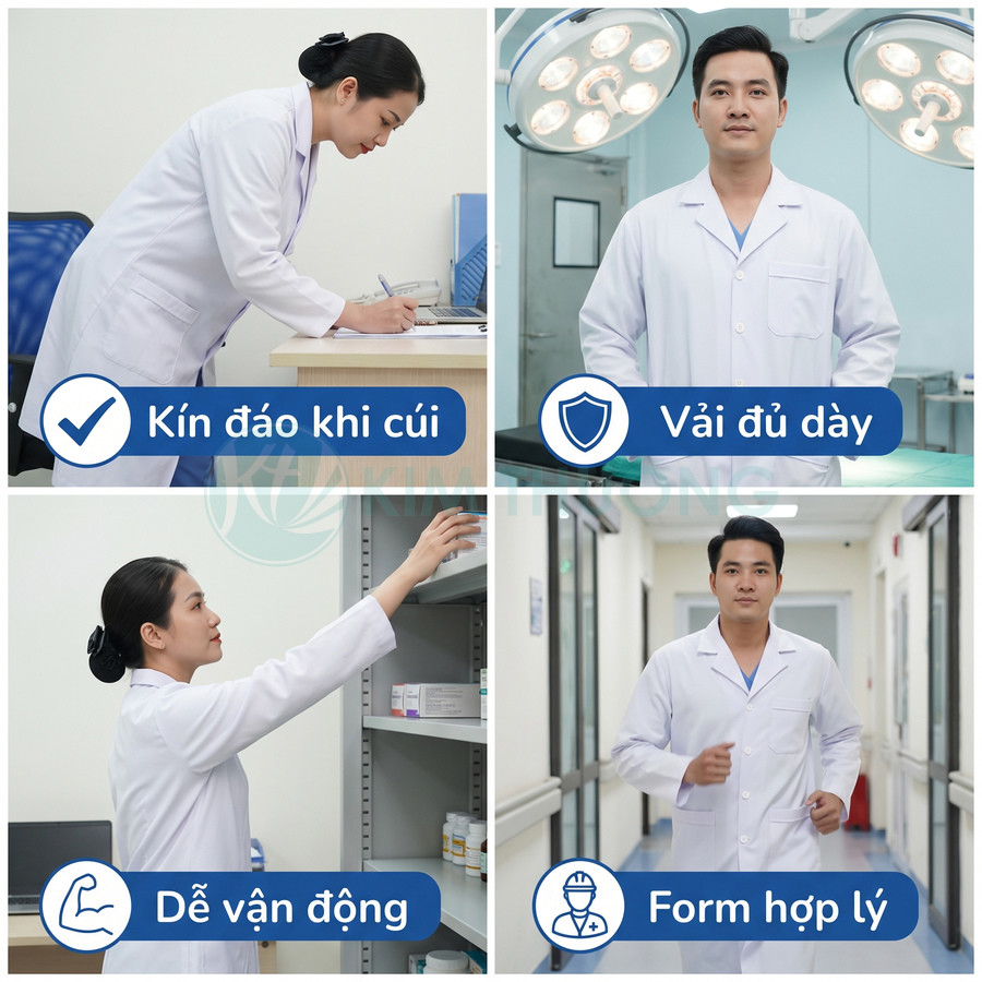 Áo blouse bác sĩ màu trắng kín đáo khi cúi, vải dày, dễ vận động và có form vừa vặn