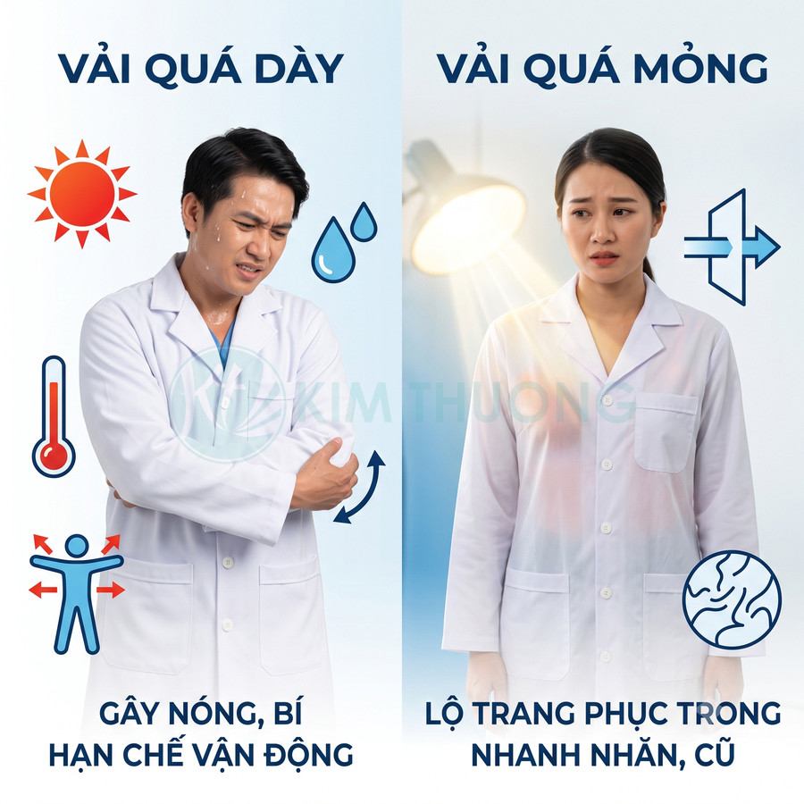 Áo blouse y tế vải quá dày gây nóng bí và vải quá mỏng dễ lộ, nhăn, người mẫu nam nữ minh họa