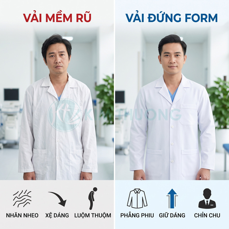 So sánh áo blouse bác sĩ vải mềm nhăn nhúm và áo blouse vải đứng form phẳng phiu chỉnh chu