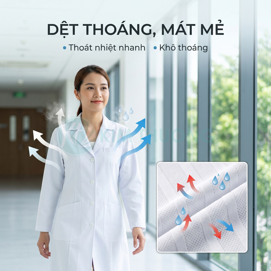 Áo blouse bác sĩ nữ chất liệu vải dệt thoáng mát, thoát nhiệt nhanh và khô thoáng trong bệnh viện